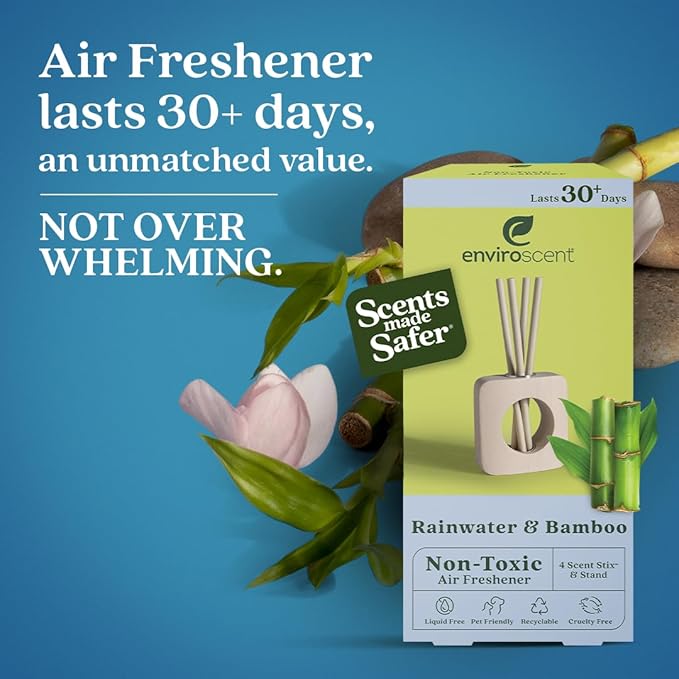 Enviroscent Non-Toxic Air Freshener Scent Stix™ & Stand Kit - Liquid-Free Diffuser Kit - Includes Mango Wood Stand & Scent Stix™ Refill - Fragrance Lasts Up to 30 Days - Rainwater & Bamboo