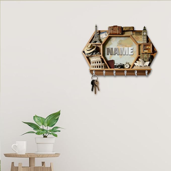 Personalized 2D Flat Print World Travel Themed Mounted Hooks for Men Women Family Friends Lovers Custom Name World Map Key Storage Holder Travel Coat Rack Home Decor Gift for Living Room Hallway