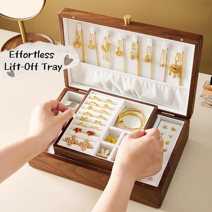 Bescott 2 Layer Solid Black Walnut Wooden Jewelry Box with Lock and Key for Women Wood Vintage Organizer for Men Earrings Rings Necklaces Bracelet Watch Storage Mother's Day Gift