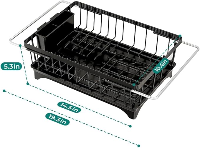 HANLE Small Dish Drying Rack in Sink, Expandable Stainless Steel Dish Drainers for Kitchen Counter, with Drain Board & Utensil Holder(Black)