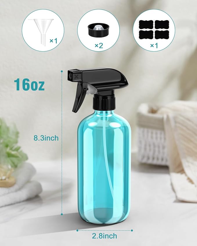 Bontip Glass Spray Bottle, Light Blue Glass Spray Bottle Set & Accessories Refillable for Plants Window Cleaners Aromatherapy Facial hydration Watering Flowers Hair Care (2 Pack/16oz) (Light Blue)
