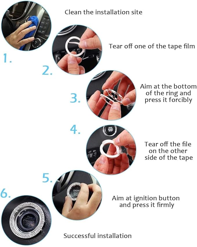 ToBeQueen Bling Car Crystal Rhinestone Ring Emblem Sticker, Car Interior Decoration, Bling Car Accessories for Women, Push to Start Button, Key Ignition Starter & Knob Ring (White)