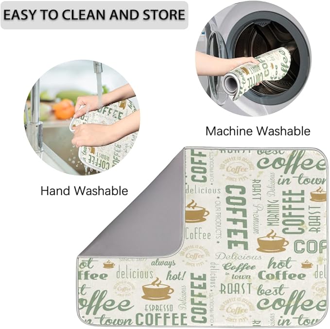 Hexteria Dish Drying Mat for Kitchen Counter, Absorbent Coffee Bar Mat, Dish Drainer Rack Mat, Green