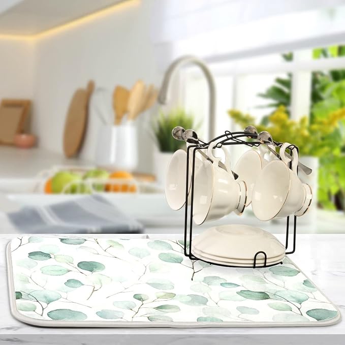 Green Leaves Dish Drying Mat 18x24 for Kitchen Counter Watercolor Herbs Women Pioneer Kitchen Drying Mats Dishes Pad Absorbent Fast Dry Dish Draining Mats Large Kitchen Accessories