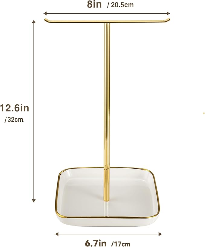 pickpiff Necklace Holder Stand with Ceramic Base: 12" Jewelry Tree Display Organizer for Necklaces, Bracelets, Rings, Earrings, Tall Gold Stand for Women, Aesthetic Room Décor, Gold and White