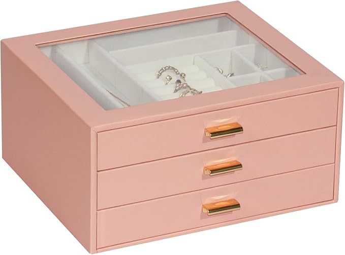 Jewelry Box Organizer with 3 Drawers,Glass Lid Jewelry Boxes for Women,Jewelry Storage for Rings,Necklaces,Earrings,Bracelets,Interesting Gift,Pink