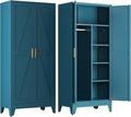 COFaR 71'' Tall Wardrobe Closet with Doors, Metal Bedroom Armoire with Adjustable Hanging Rod and Shelves, Farmhouse Broom Closet Storage Cabinet for Garage Laundry Office, Peacock Blue