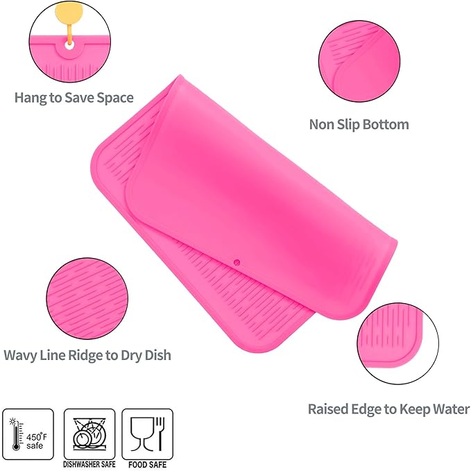 MicoYang Silicone Dish Drying Mat for Multiple Usage,Easy clean,Eco-friendly,Heat-resistant Silicone Mat for Kitchen Counter or Sink,Refrigerator or Drawer Liner Rose XL 18 inches x 16 inches