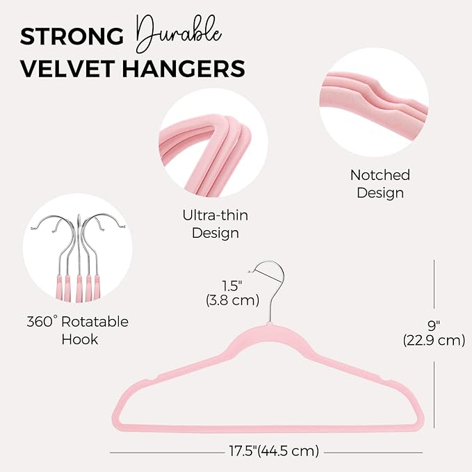 HOUSE DAY Premium Velvet Hangers 100 Pack Light Pink, Non-Slip Flocked Felt Hangers, Sturdy Clothes Hanger with 360° Rotatable Hook, Heavy Duty Durable Slim Coat Hanger for Closet Space Saving
