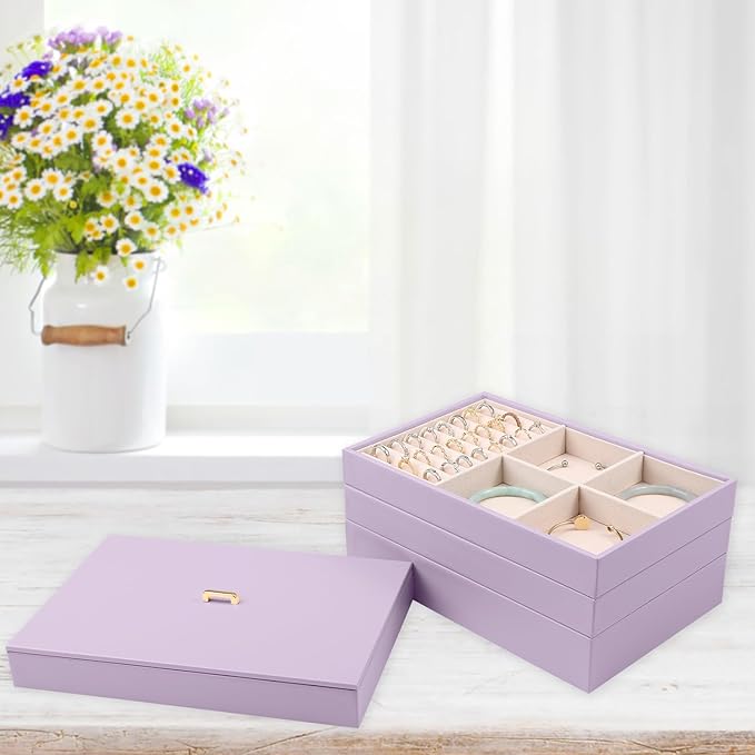 Voova Stackable Jewelry Organizer Tray with Lid, PU Leather Jewelry Storage Holder for Drawer Inserts, Jewellery Display Box Case for Earring Necklace Ring Watch Bracelet (Set of 4, Lavender)