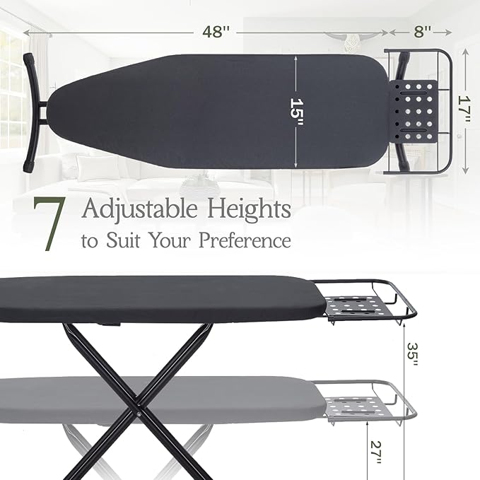 Heavy Duty Full Size Ironing Board 48"x15", BlissBoard Foldable Iron Board with Adjustable Height, Steel Frame, Thick Pad and Heat-Resistant Cover, Black