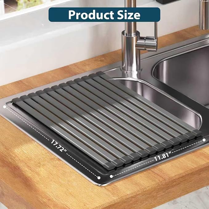 KABUM 17.72x11.81 Heavy-Duty Aluminum Alloy Roll Up Dish Drying Rack, Food-Safe Coating with Anti-Skid Silicone, Extra Wide & Thickened Sink Drying Rack for Kitchen Counter, Space-Saving Organizer