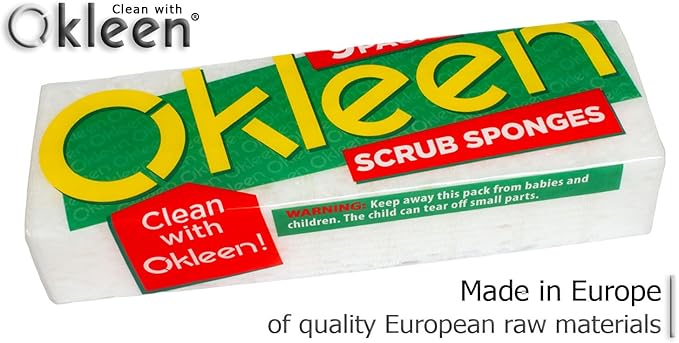 Okleen White Multi Use Scrub Sponges. Made in Europe. 9 Pack, 4.3x2.8x1.4 inches. Odorless Delicate Scrubber for Kitchen and Household Cleaning