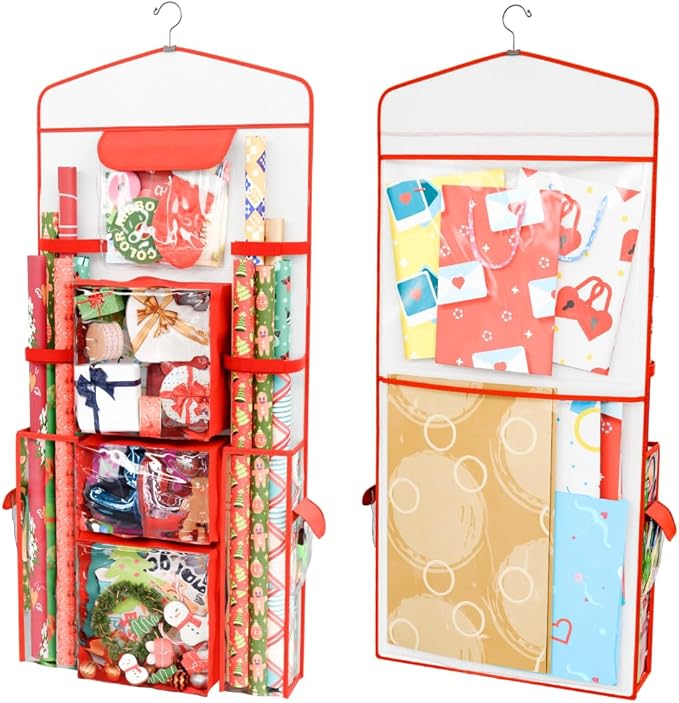 ProPik Hanging Double Sided Wrapping Paper Storage Organizer With Multiple Pockets Organize Your Gift Wrap, Gift Bags Bows Ribbons 40"X17" Fits 40 Inch Rolls Clear PVC Bag (Red)