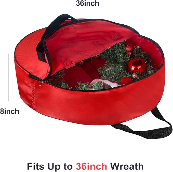 Christmas Wreath Storage Bag 36inch -Large Christmas Wreath Storage Container-Durable Oxford Fabric, Dual Zippered, Easy to Slip the Wreath in & Out, Protect Wreath Garlands from Dust -Red, Pack of 2
