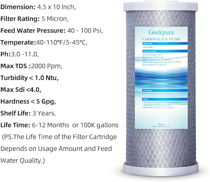 Geekpure 10-Inch Carbon Block Replacement Water Filter Cartridge for Whole House System-4.5" x 10"-5 Micron -Pack of 2