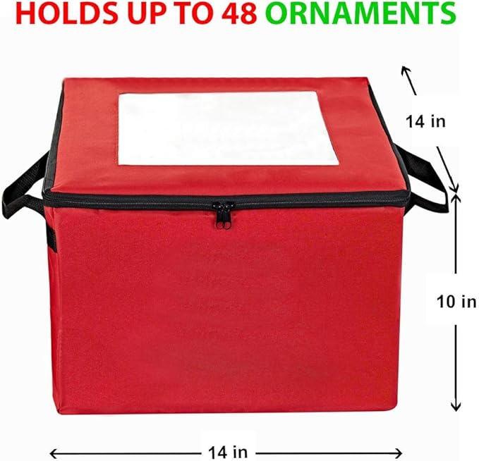 ProPik Christmas Ornament Storage Box, Organizer Holds Up to 48 Xmas Balls with 3 Separate Removable Trays, Container has Dividers to Organize Holiday Tree Ornaments (Red)