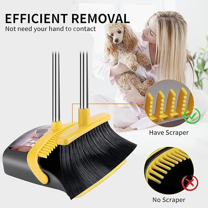DJDTDTY 2-Pack is More economical，Upgraded Broom and Dustpan， with 52" Long Handle, Dustpan Teeth with self-Cleaning Function, Indoor and Outdoor Sweeping, Perfect for Home Office