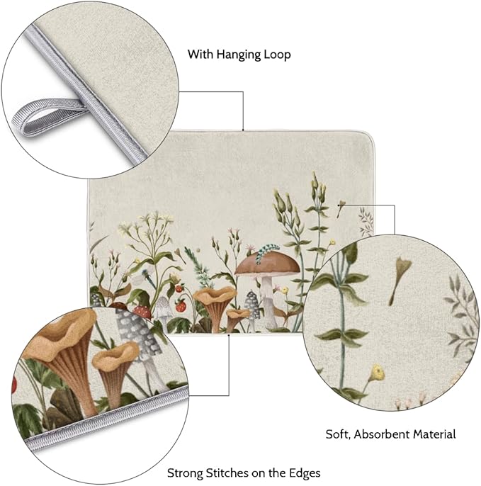 Hexteria Dish Drying Mat for Kitchen Counter Kitchen Drying Mat Dish Rack Mat Dish Drainer Pad Microfiber Absorbent Washable Drying Pad for Countertop, Mushroom