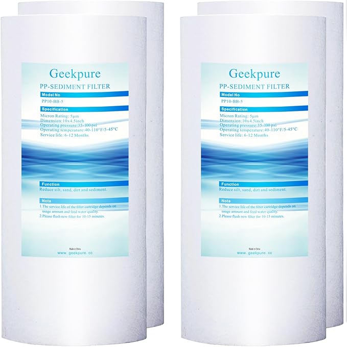 Geekpure 10 Inch PP Sediment Replacement Filter Cartridge for Whole House Water Filtration System-4.5" x 10"-5 Micron-Pack of 4