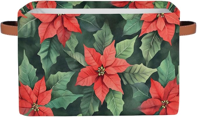 Storage Baskets Bin, Christmas Winter Poinsettia Collapsible Canvas Fabric Storage Bin Decorative Baskets Toy Organizer Rectangle Storage Boxes with Handles for Home Shelves Nursery, J-005