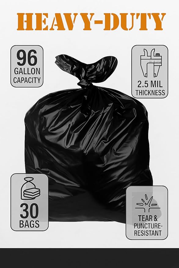 95–96 Gallon Heavy Duty Trash Bags – 30 Count Large Black Garbage Bags for Outdoor Bins, Contractor, Lawn, and Commercial Use – 2.5 Mil Thick Can Liners, 61" x 68"