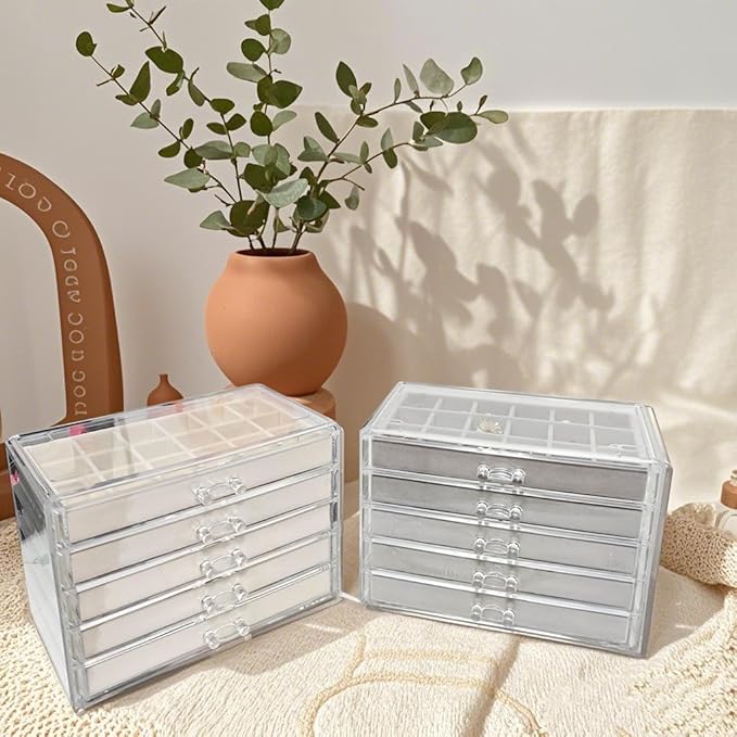 Acrylic Earring Holder Organizer with 5 Drawers Clear Earring Organizer Box with 90 Adjustable Grids Velvet Earring Display Case Jewelry Organizer for Earrings Rings Studs (Beige)