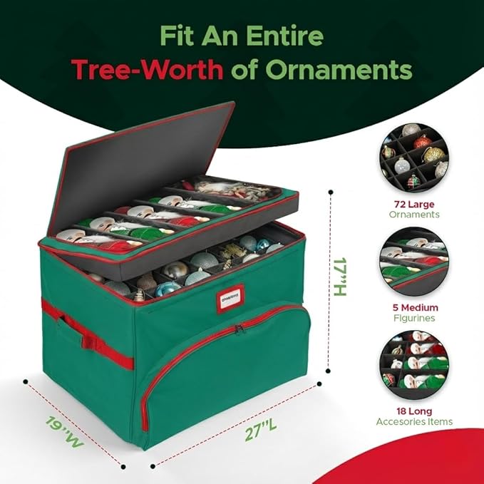 Christmas Nutcracker and Figurine Collectible Storage Box - Holds Up to 72 Ornaments 4” x 4” - Top Adjustable Compartments for Figurines, Nutcrackers, etc - Heavy Duty 600D/ Inside PVC Material, Green