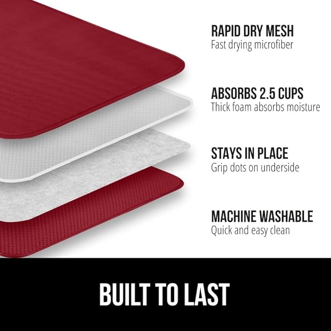 GORILLA GRIP Ultra Water Absorbent Microfiber Dish Drying Mat, Quick Dry Thick Mesh, Slip Resistant Pad for Sink Dishes or Under Rack, Kitchen Counter Accessories, Machine Wash Mats, 18x16 Inch, Red