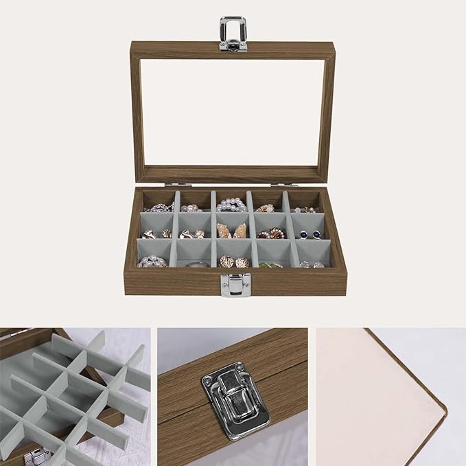 Stratalife Jewelry Organizer Box with 15 Detachable Slots Earring Holder for Women & Girls Velvet Lined Earring Storage Case Compact Jewelry Box for Earrings Rings and Charms Wood Gray
