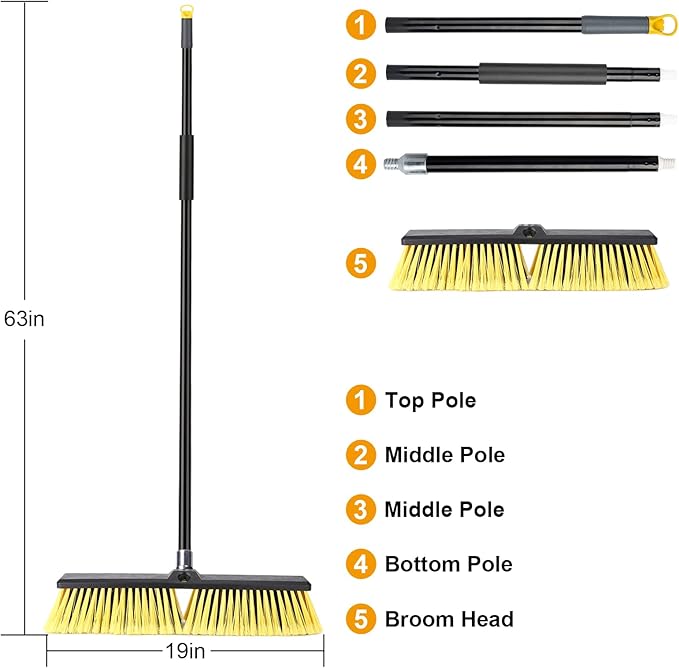 18 Inches Push Broom Outdoor- Heavy Duty Broom with 63" Long Handle for Deck Driveway Garage Yard Patio Concrete Floor Cleaning