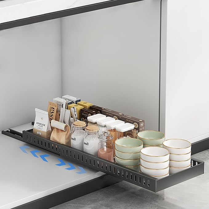Enskatec 2 Pack Expandable Pots and Pans Organizer Under Cabinet, Sliding Pot Lid Holder and Pan Rack in Kitchen, Pull out Kitchen Cabinet Storage, with 10 Adjustable Dividers