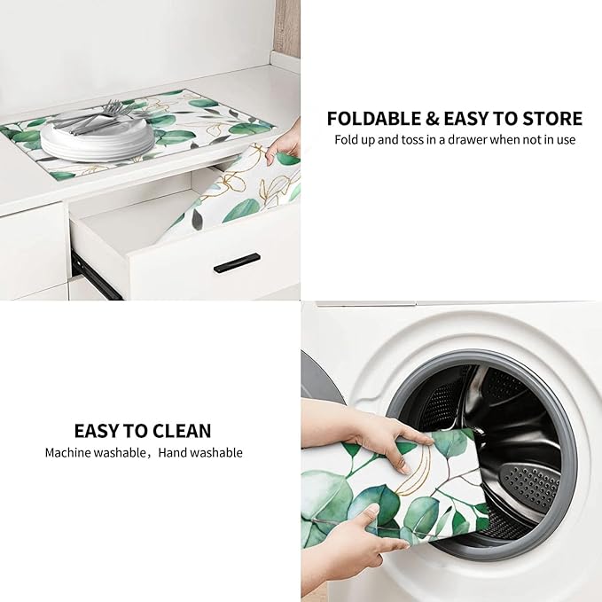 Green Leaves Dish Drying Mat 18x24 For Kitchen Counter Absorbent Microfiber Dishes Pad Dish Drainer Rack Mats Fast Dry Kitchen Accessories