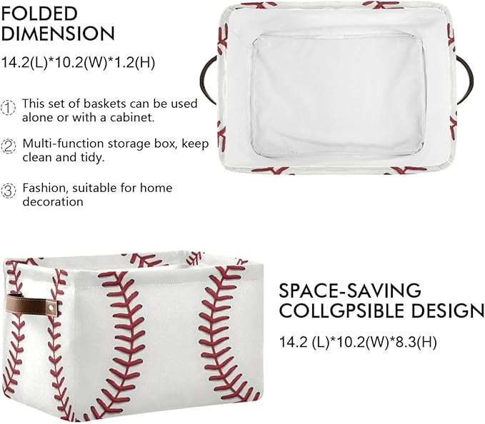 ALAZA Red Lace Baseball Foldable Storage Box Storage Basket Organizer Bins with Handles for Shelf Closet Living Room Bedroom Home Office 2 Pack