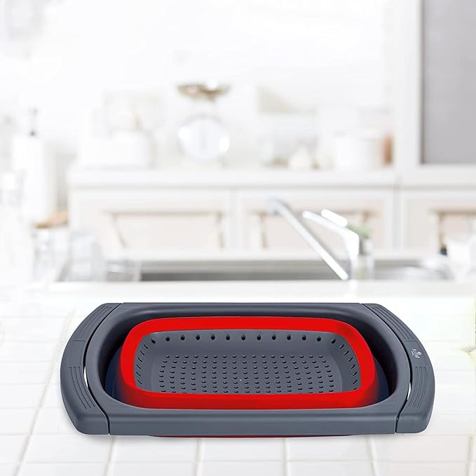 Collapsible Colander Strainer with Extendable Handles - Over the Sink Vegetable/Fruit Colanders Strainers for Kitchen, Capacity of 6 quart (Red)