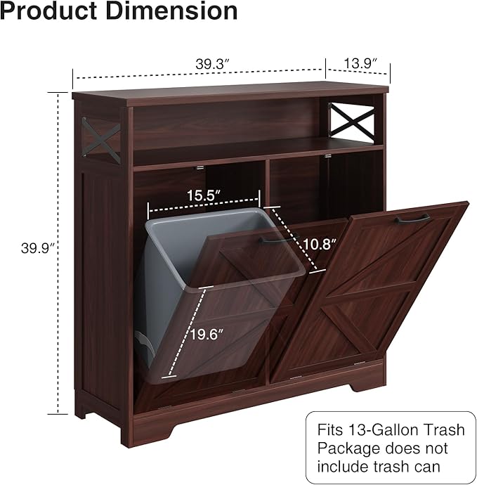 Double Tilt Out Trash Can Cabinet for 13 * 2 Gallon Garbage Can, Farmhouse Kitchen Garbage Trash Bin for Hidden Laundry Basket, Dual Dog Proof Recycling Cabinet for Living Room, Dark Brown