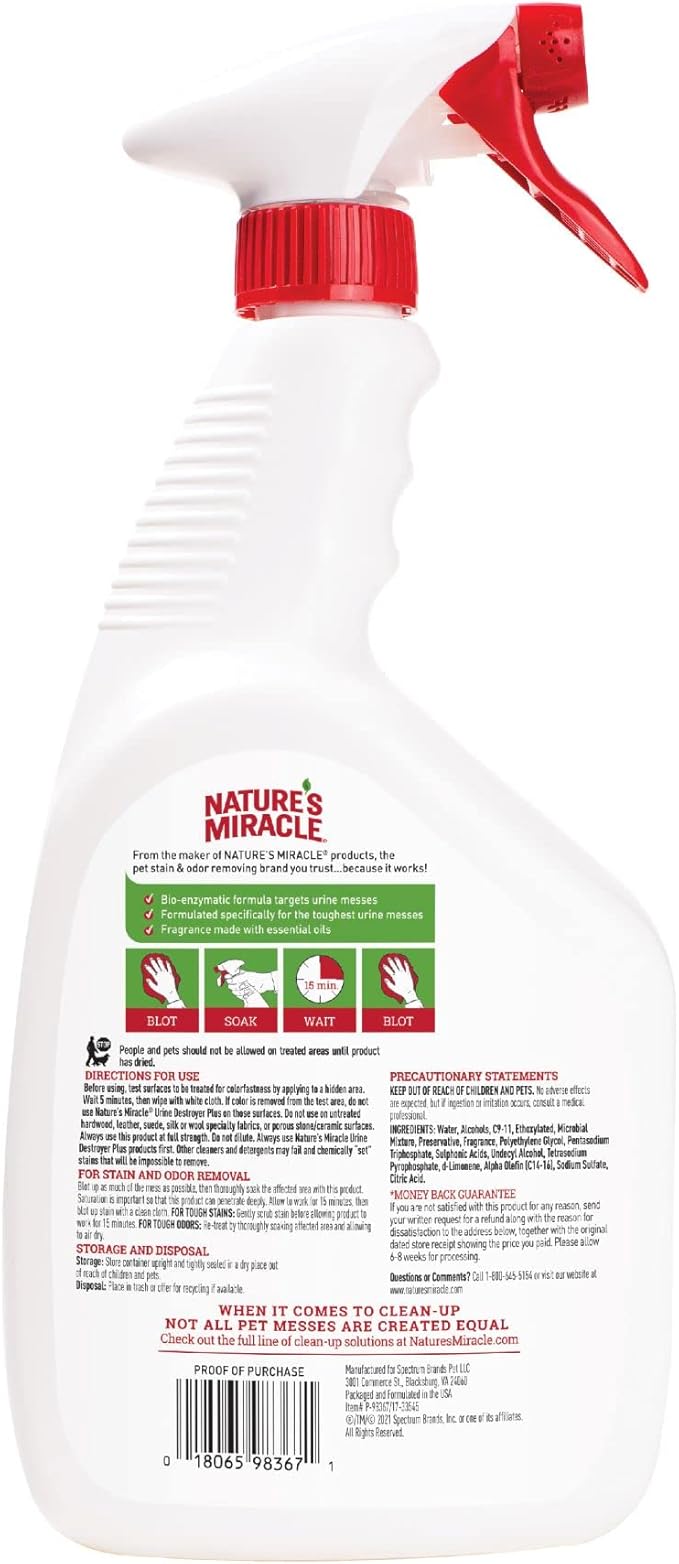 Nature’s Miracle Urine Destroyer Plus Cat, 32 Ounces, Enzymatic Formula, Ready-to-Use (Pack of 12)