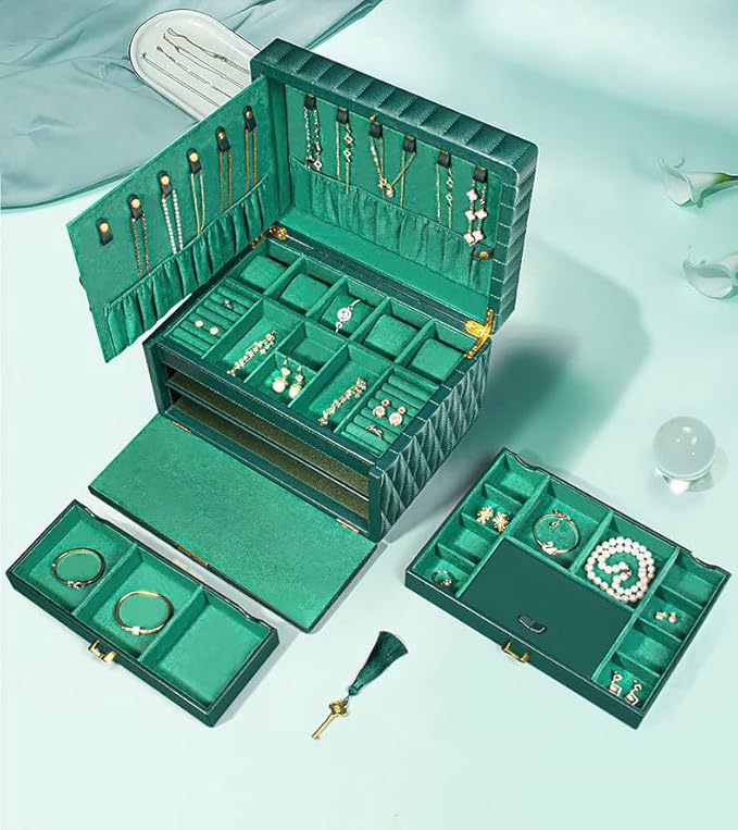 Genuine Leather Jewelry Box – 3 Layer Large Jewelry Organizer with Mirror, Lockable Jewelry Box for Women – Necklace, Ring, Earring Organizer with Drawer - Valentine's Day Gifts(Green)