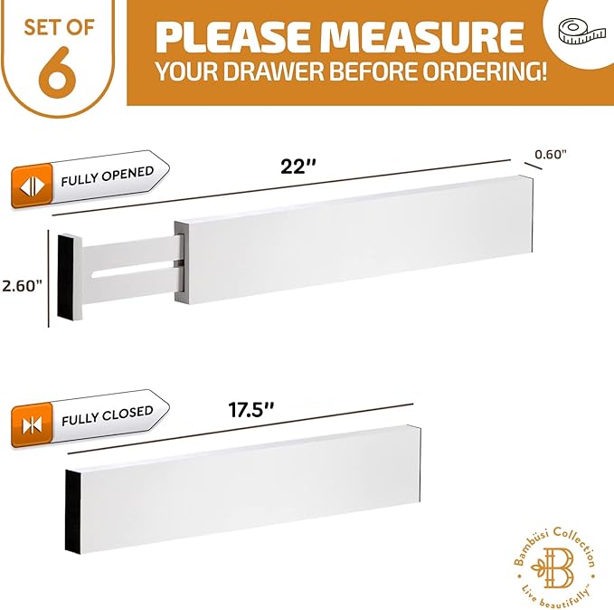 6 Pack Bamboo Drawer Dividers - 17" to 21.5" Expandable Adjustable Drawer Organizer for Kitchen Utensils, Large Drawer Divider, Clothes, Dresser, Bedroom, Bathroom, Desk Drawer Separator Set (White)