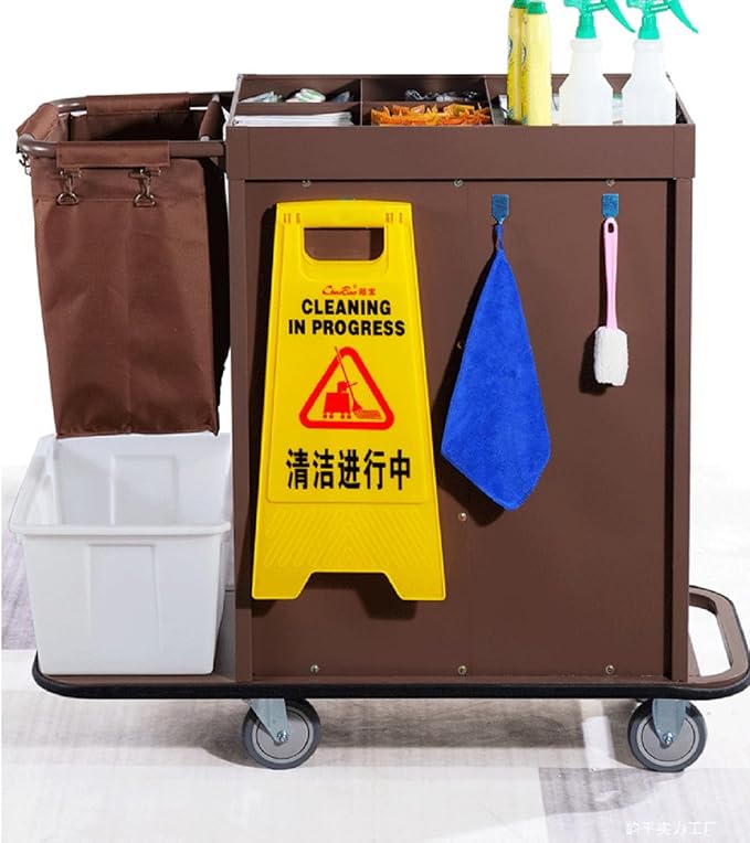 Multifunctional Housekeeping Caddy, Compact Service Trolley, Hotel Cleaning Cart with Removable Canvas Bags & Locking Wheels for Housekeeping Hotels Apartment,002