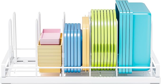 GAGUIUP Food Container Lid Organizer, Adjustable 6 Dividers Full-Metal Pot and Pan Organizer Rack for Kitchen Cabinets, Drawers, Cupboards, Pantry Shelves Storage, White