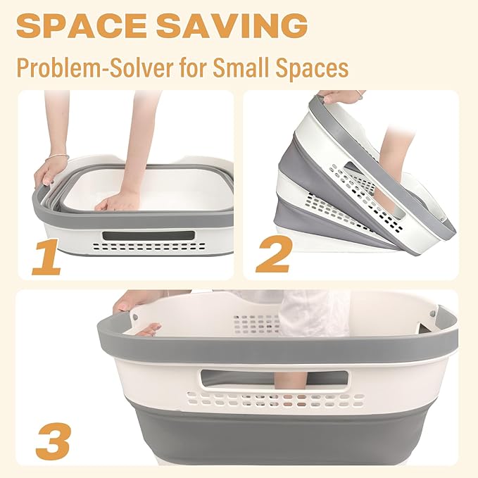 OOAMBB 43L+43L Collapsible Laundry Baskets plastic, Pop Up Laundry hamper/Storage Container, Foldable Laundry Basket with Handles, Durable,Space Saver (Grey, 2 Packs)