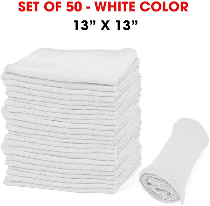 Shop Towels – Pack of 50 Reusable Cleaning Rags – Durable Quality Cotton – 13" x 13"– Machine Washable – Suitable for All Purposes (White)