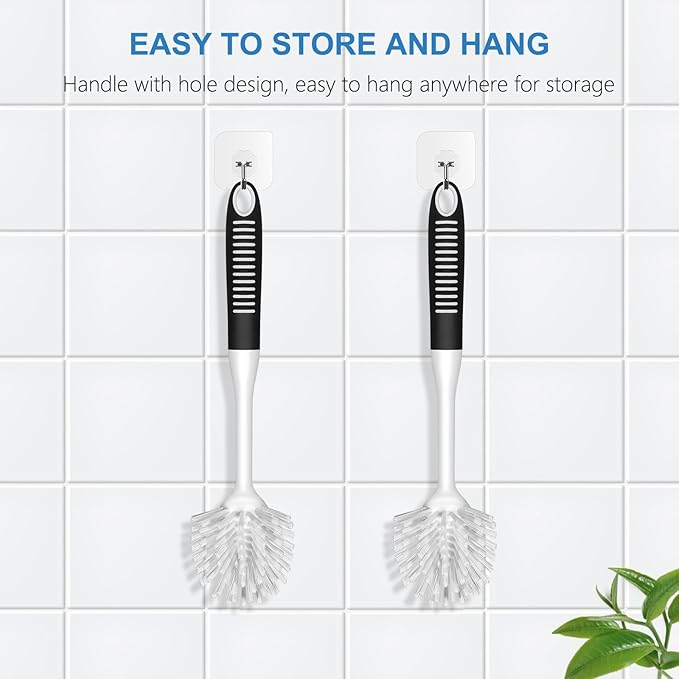 SetSail Dish Brush with Handle, 3 Pack Stiff Bristles Dish Scrubber with Built-in Scraper Dish Scrub Brushes for Cleaning Dishes, Pots and Pans, Kitchen Sink, 3 Pack, Black White