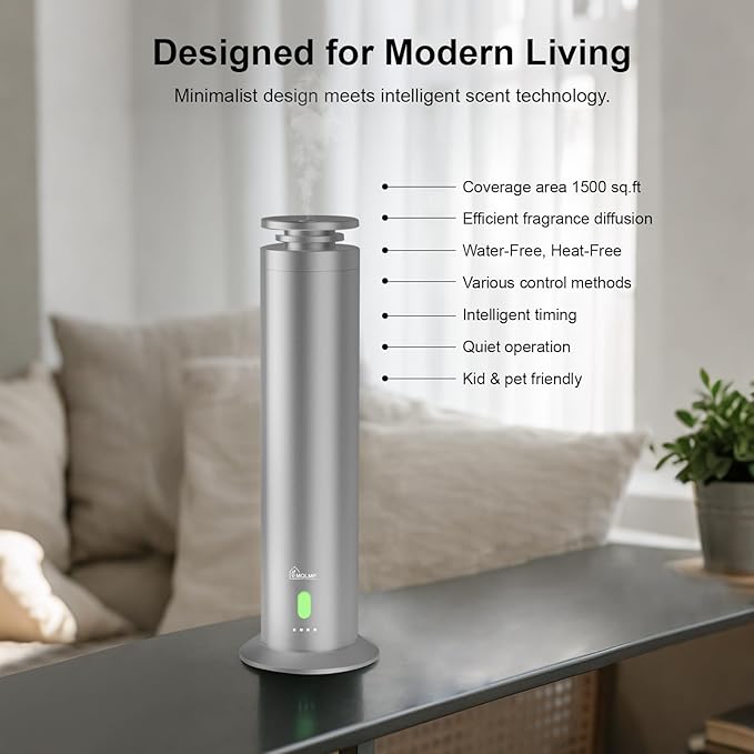 Hotel Collection Diffuser Machine,Remote,Rechargeable,Whisper-Quiet,Aluminum,1500 Sq Ft,Waterless Essential Oil Diffuser - Matte Silver