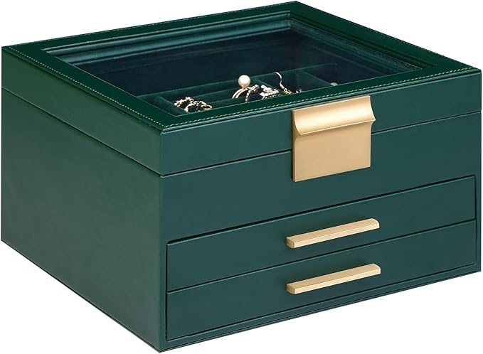 Jewelry Box Organizer for Women,3 Layers PU Leather Jewelry Storage Display Box with Glass Lid,Gift for people,3 Drawers,Large Capacity for Necklace Earrings Bracelets Rings, Dark Green