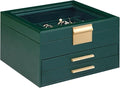 Jewelry Box Organizer for Women,3 Layers PU Leather Jewelry Storage Display Box with Glass Lid,Gift for people,3 Drawers,Large Capacity for Necklace Earrings Bracelets Rings, Dark Green