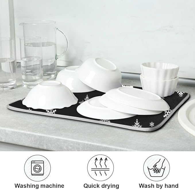 Winter Snowflake Black Dish Drying Mat for Kitchen Christmas Snowflake Xmas Microfiber Drying Mats Absorbent Reversible Dish Pad Medium Dish Draining Mat 16x18 inch