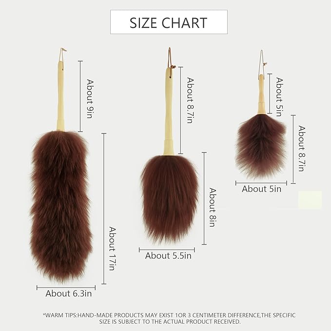iHUFeather Lambswool Duster 16'' Length Solid Wooden Handle Leather Hang Strap for Cleaning Ceiling Fans Window Blinds Computer Furniture Figurines TV Natural Feather Duster,Brown