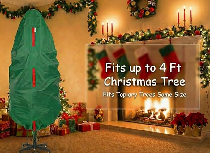 Upright Christmas Tree Storage Bag - Fits 4 Ft Artificial Xmas & Topiary Tree, Vertical Holiday Cover, Durable, Dustproof & Easy-Use Xmas Storage, Green